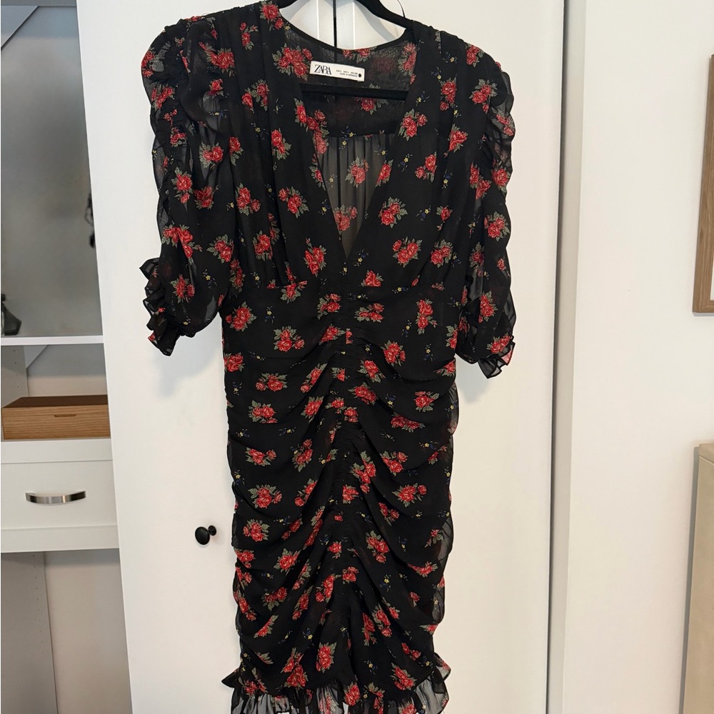 Zara Black Midi Dress with Red Floral Print